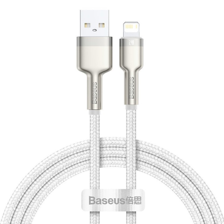 Cablu alimentare si date Baseus, Cafule Metal, Fast Charging, USB la tip Lightning 2.4A braided, 1 m, Alb