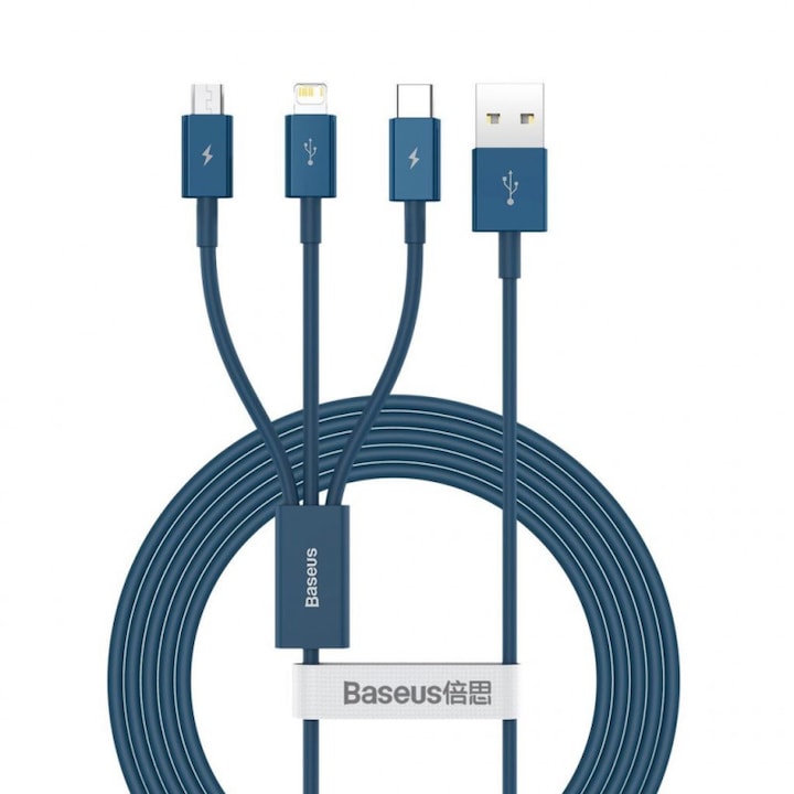 Baseus Superior Series 3 az 1-ben USB-kábel, USB-Micro USB / USB-C / Lightning, 3,5 A, 1,2 m, kék