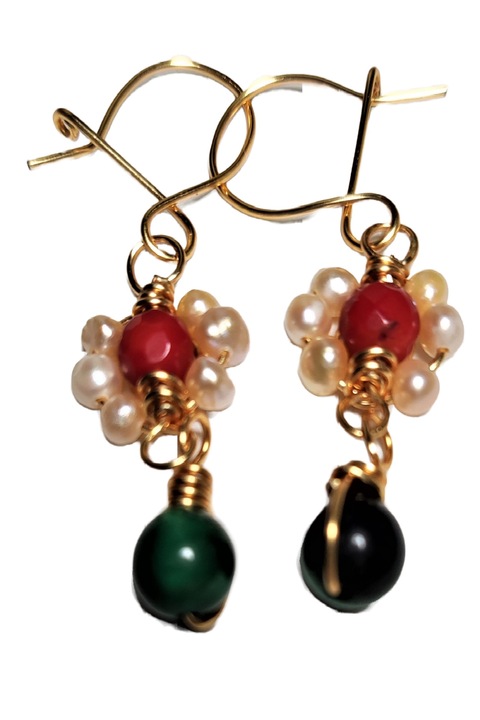 Cercei Love, ochi de tigru verde, fir metalic Auriu, 4 cm