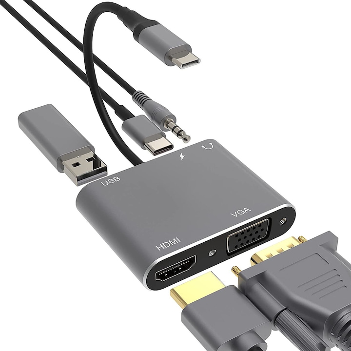 Адаптер, Vaxiuja, 5в1, USB 3.0/USB-C/HDMI/VGA/Аудио, сив