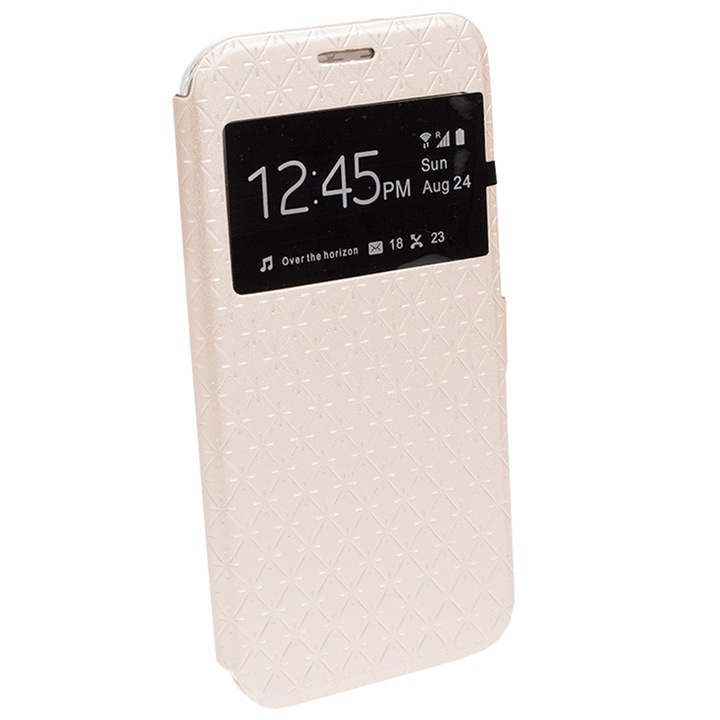 Husa stil carte pentru Samsung Galaxy S7 Edge, cu fereastra, protectie spate, capac de protectie, husa de protectie, bumper, auriu, MKC-19669