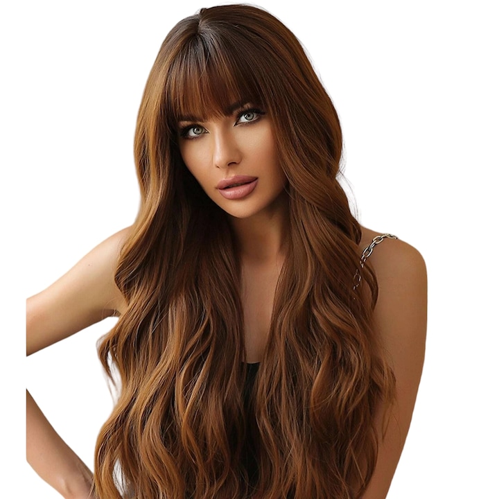 Peruca pentru femei, par lung ondulat cu breton, culoarea saten aramiu mahon, 70 cm, The Casius.®