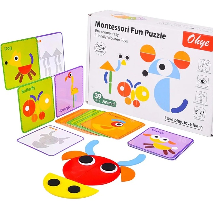 Tangram cu 39 piese geometrice multicolore din lemn, Joc educativ, Montessori