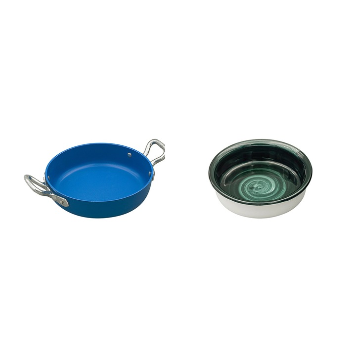 Set suport vas servire rotund, culoare albastru, din aluminiu de 3 mm, diametru 16 cm si Vas servire rotund, din portelan, culoare negru