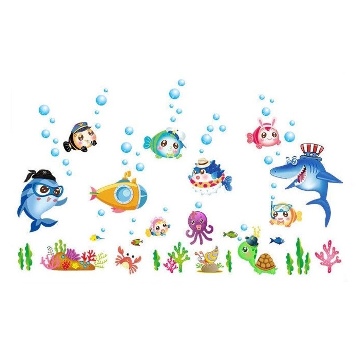 Sticker decorativ cu Pesti si Animale Marine Luxer, Autocolant pentru baie Lumea Subacvatica, 123x75 cm