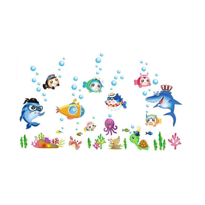 Sticker decorativ cu Pesti si Animale Marine Luxer, Autocolant pentru baie Lumea Subacvatica, 123x75 cm