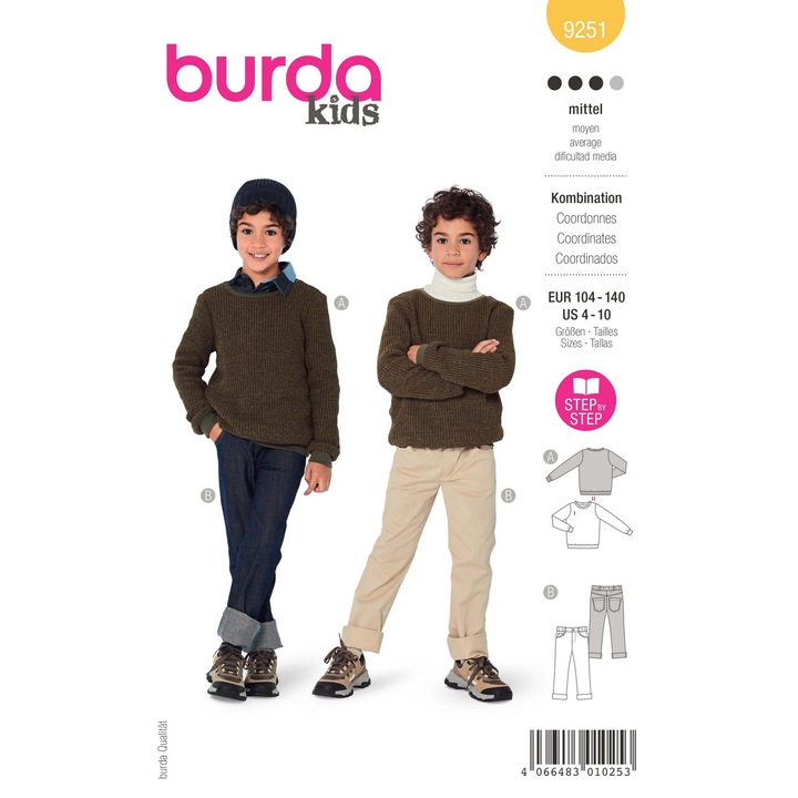 Tipar de croitorie Haine bebelusi, in 2 variante, multi-masura 104-140, Burda Style 9251, modele pentru copii