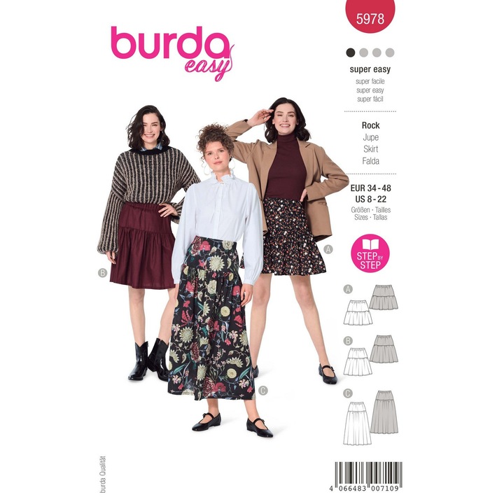 Tipar de croitorie fusta, in 3 variante, multi-masura 34-48, Burda Style 5978