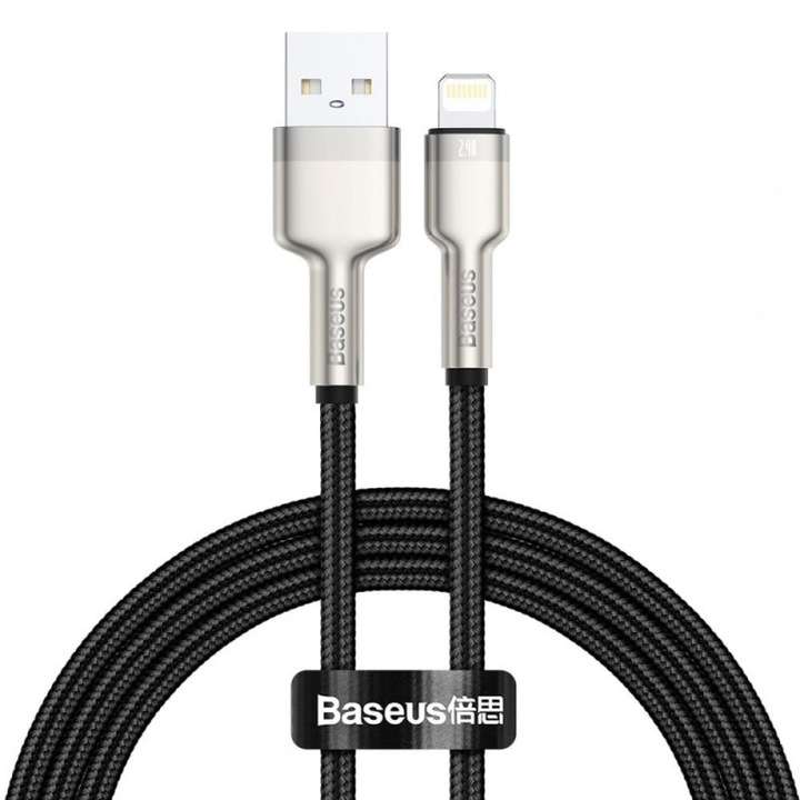 Cablu alimentare si date Baseus, Cafule Metal, Fast Charging, USB la tip Lightning 2.4A braided 0.25m, Negru