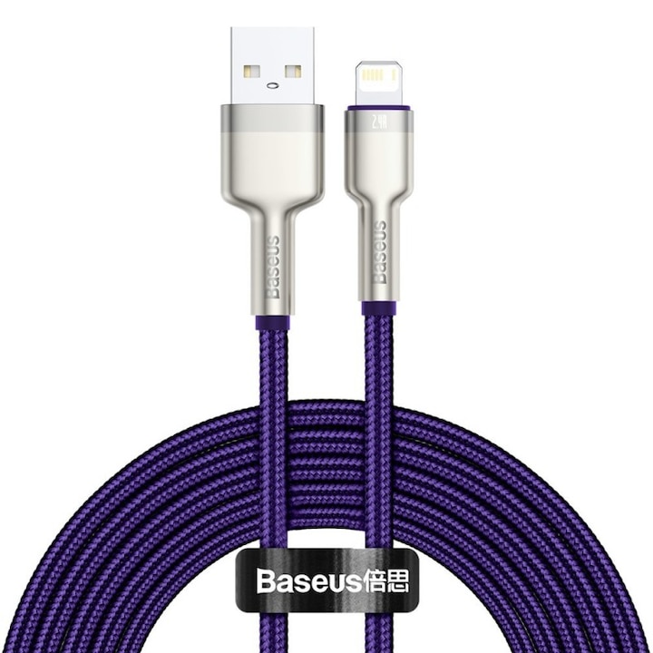 Cablu alimentare si date Baseus, Cafule Metal, Fast Charging, USB la tip Lightning 2.4A braided, 2 m, Violet