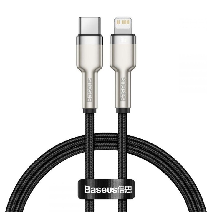 Кабел за захранване и данни Baseus, Metal Cables, Fast Charging, USB Type-C към Lightning PD 20W плетен 0,25 м, Черен