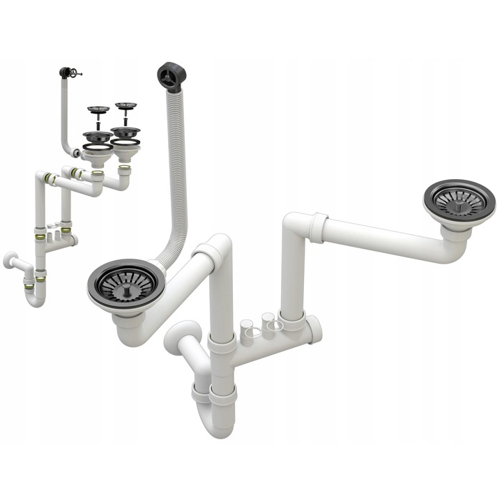 Sifon Manual, Granitan, Cu Doua Cuve Pentru Chiuveta, Structura Compacta Care Economiseste Spatiu, Pentru A Conecta Masina De Spalat Rufe Sau Masina De Spalat Vase, Sistem Anti-preaplin, Pentru Chiuvete Din Granit, Negru