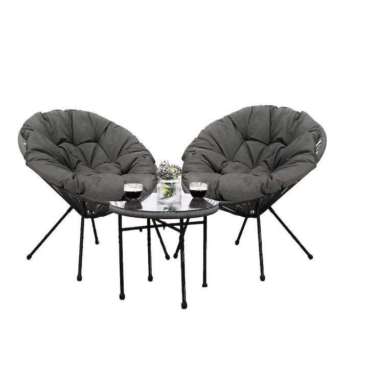 Set mobilier terasa gri, 2 scaune cu perna si masa cu blat de sticla, metal si ratan artificial, 85x71x85 cm (scaun) 50x44 (masa)