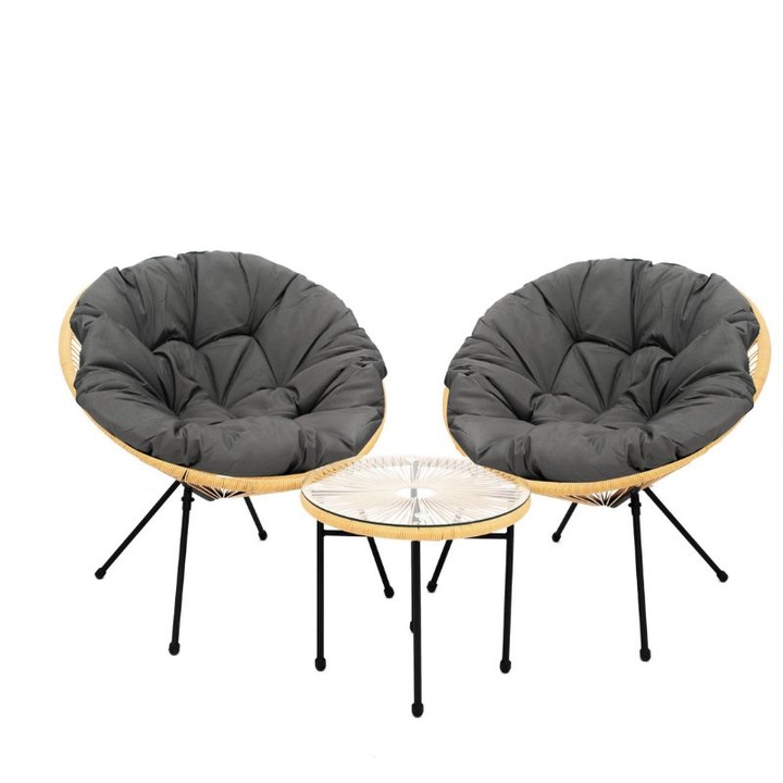 Set mobilier terasa, Natur, 2 scaune cu perna si masa cu blat de sticla, metal si ratan artificial, 85x71x85 cm (scaun) 50x44 (masa)