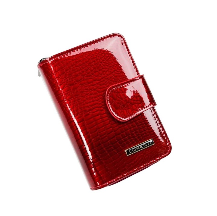 Дамски вертикален портфейл Lorenti, Естествена кожа, RFID защита, 14x9x4 см, Червен