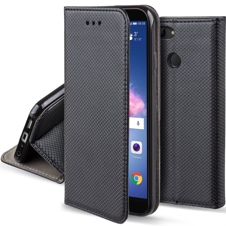 Telefontok, Moozy, Flip On, Huawei Enjoy 7S / P Smart (2017) kompatibilis, fekete, Eco-bőr