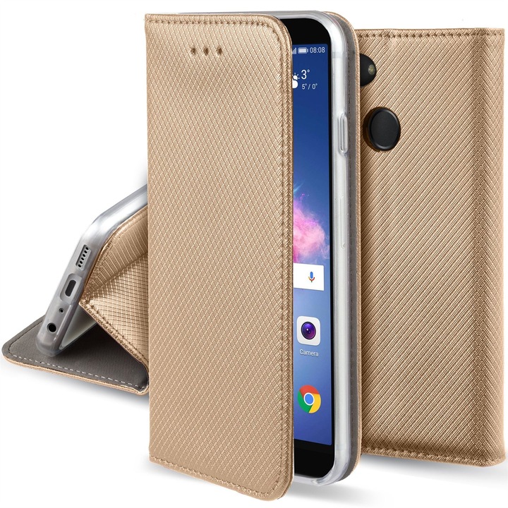 Telefontok, Moozy, Flip On, Huawei Enjoy 7S / P Smart (2017), arany, Eco-bőr