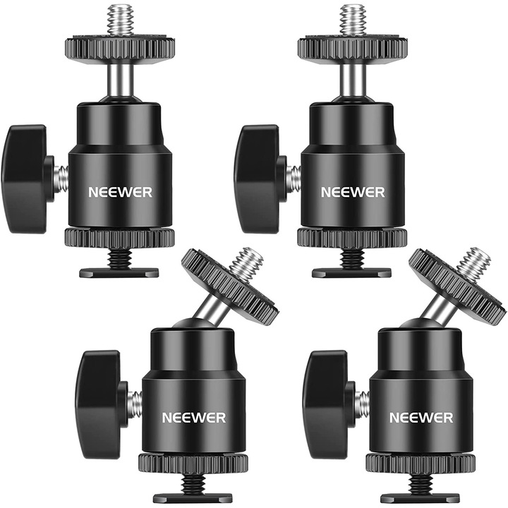 Set 4 adaptoare cu patina si surub 1/4 inch, Hot Shoe Mount, cap rotativ cu bila, pentru camere foto, camere video, smartphone, lumina video, microfon, ring light