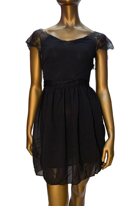Дамска рокля JUP E-#170123-1 10-99, Къса кройка, Дантелени ръкави и колан, S, Черен