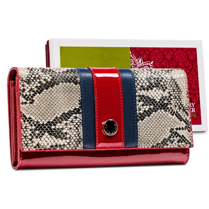 Portofel Dama, Peterson, Cu Model De Sarpe, 11.5x19.5x4 cm, Piele Naturala, Inchidere Exterioara Cu Capse, Numar Locuri Pentru Carduri 9, Numar Locuri Pentru Bancnote 3, Bej/Rosu