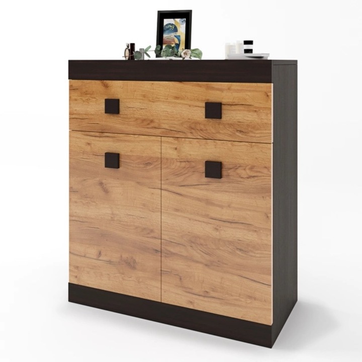 Comoda Sonata 4, Everest, 93 x 80 x 38 cm, Wenge inchis/Stejar craft auriu