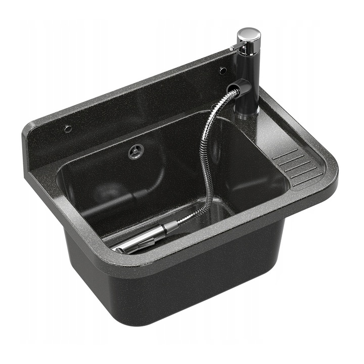 Chiuveta Bucatarie, Granitan, Paron, 50 x 34 x 31 cm, Negru, Material Rezistent PP, Include Baterie Cu Dus Si Sifon, Ideala Pentru Garaj, Spalatorie Si Atelier, Usor De Montat, Practica, Versatila, Confort In Utilizare Zilnica In Orice Spatiu