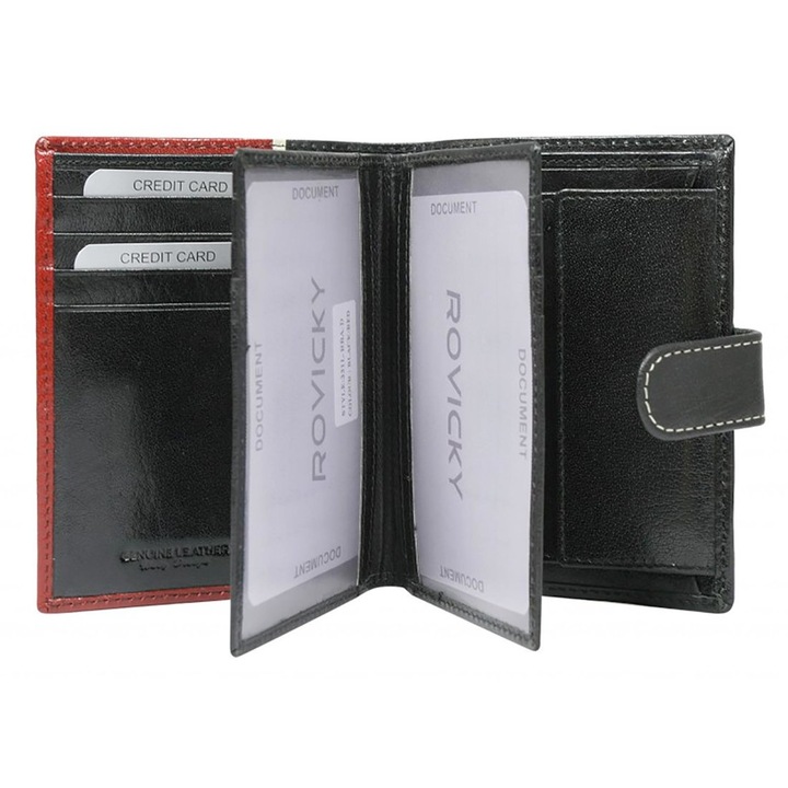 Мъжки портфейл, Rovicky, Естествена кожа, 10 x 12,5 x 2 см, Черен/Червен