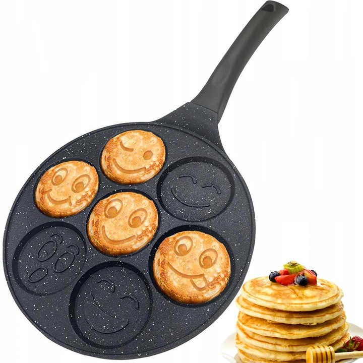 Tigaie pentru clatite cu 7 forme Smile Pancakes IdealStore, din aluminiu si otel inoxidabil, atat pentru aragazul normal cat si pentru cel cu inductie, Dimensiune tigaie 26 cm