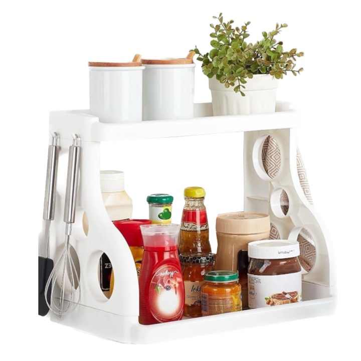 Многофункционален органайзер от полипропилен с 2 рафта и 4 кукички, 38 x 24,5 x 31,5 см, бял