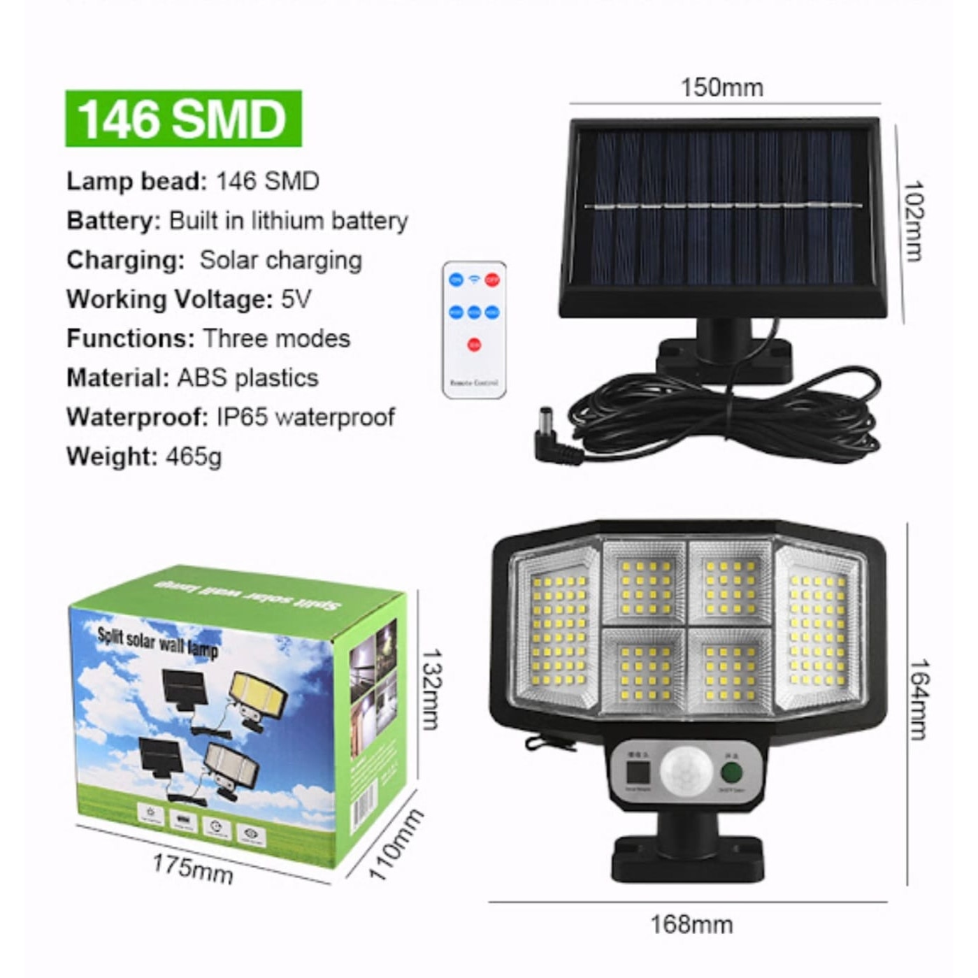 Соларна лампа 146 LED SMD, сензор за движение, дистанционно, сензор за ...