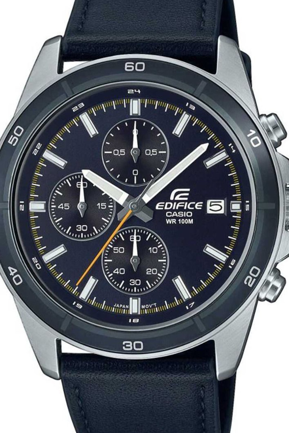 Casio, Часовник с хронограф и кожена каишка, Сребрист, Тъмносин - eMAG.bg