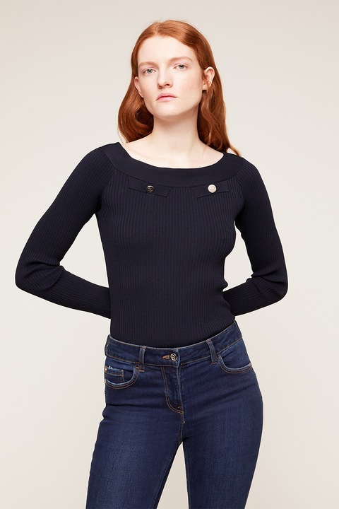 Motivi, Pulover tricotat fin cu decolteu barcuta, Bleumarin, L