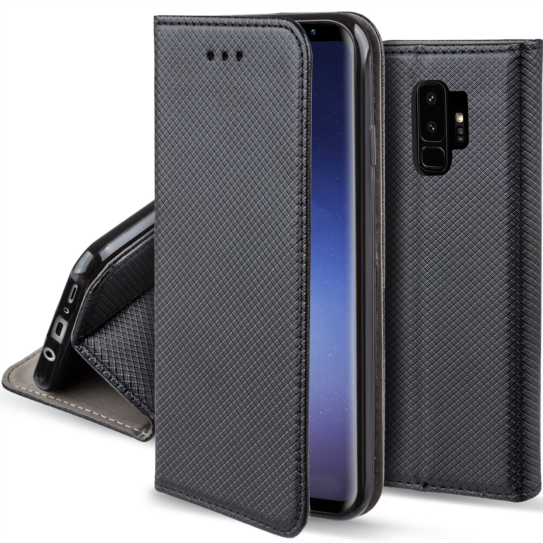 Husa pentru telefon, Moozy, Flip On, pentru Samsung Galaxy S9 Plus, Negru, Piele ecologica