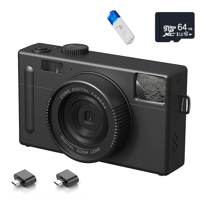 Full HD digitális kamera, autofókusz, 48,0 MP, 16x digitális zoom, 3,0 hüvelykes képernyő, 64 GB SD kártya, fekete színű