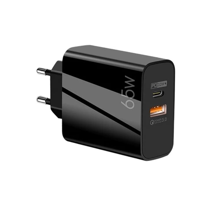 Incarcator priza Supercharge OZ 65W, Incarcare Ultra Rapida PD 33W si USB QC3.0 cu Multiple Protectii, Negru