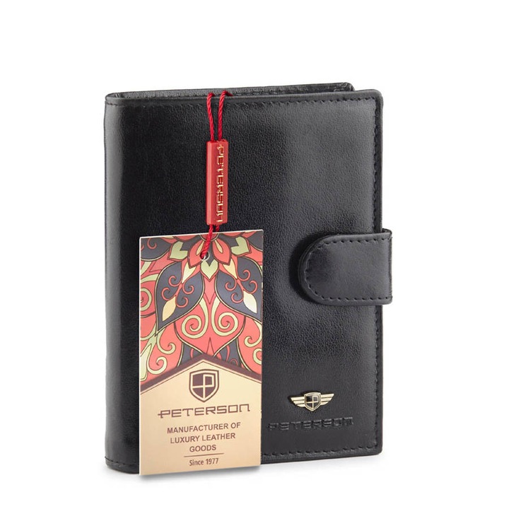 Мъжки портфейл, Peterson, Естествена кожа, 13x9.5x3 см, Черен