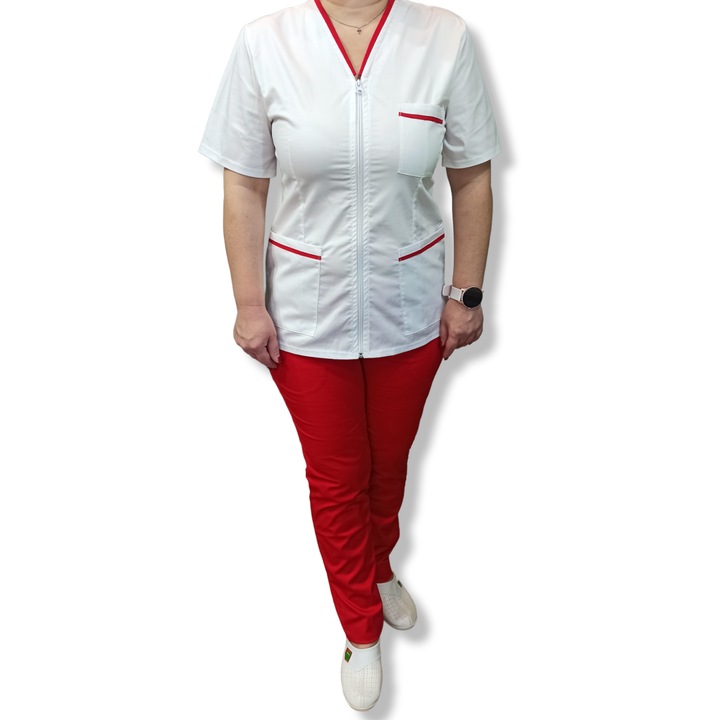 Costum medical alb Premium din tercot elastic, Halat fermoar cu insertie rosie, pantaloni rosii, Marimea 48, AMA Medical Scrubs