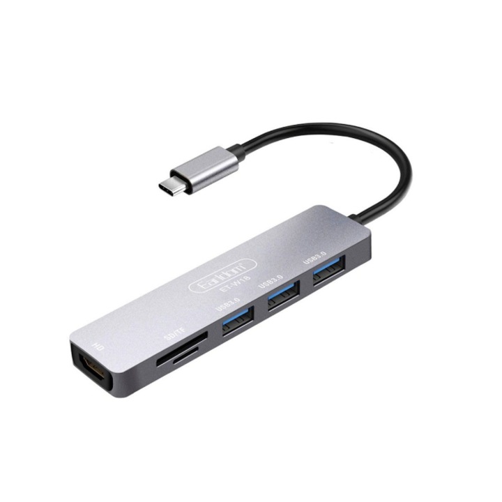 Докинг станция Earldom ET-W18BG, Универсален, Вход Type-C, Изход 3 броя USB 3.0, SD, HDMI, Тегло 50 гр, Сив