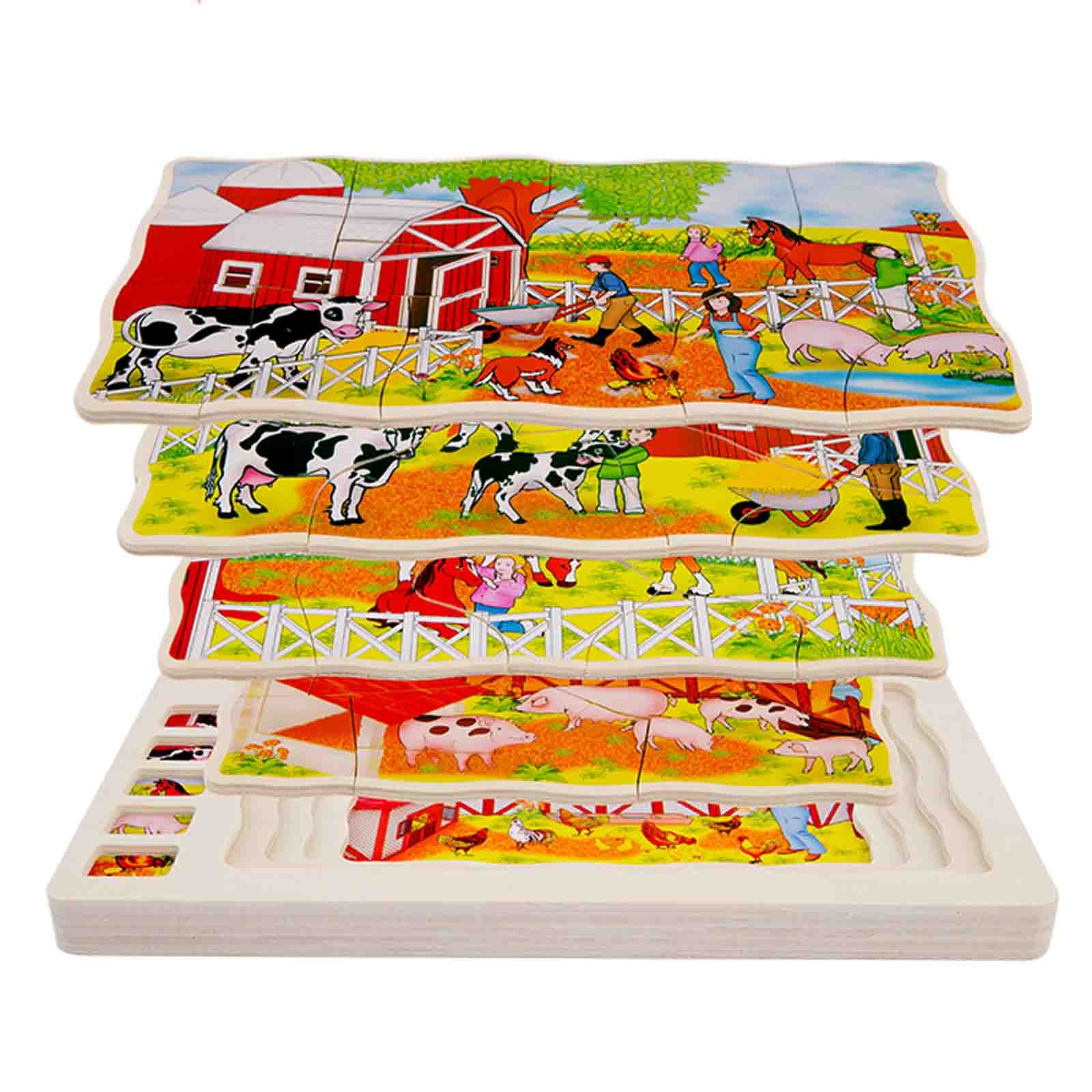 Puzzle lemn incastru in 4 straturi, Ferma Animalelor, 41 piese - eMAG.ro