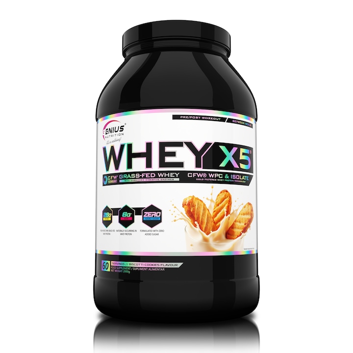 Proteina din zer Whey X5 cu aroma Biscotti Cookies, Pudra proteica Genius Nutrition pentru crestere masa musculara, 2000 g