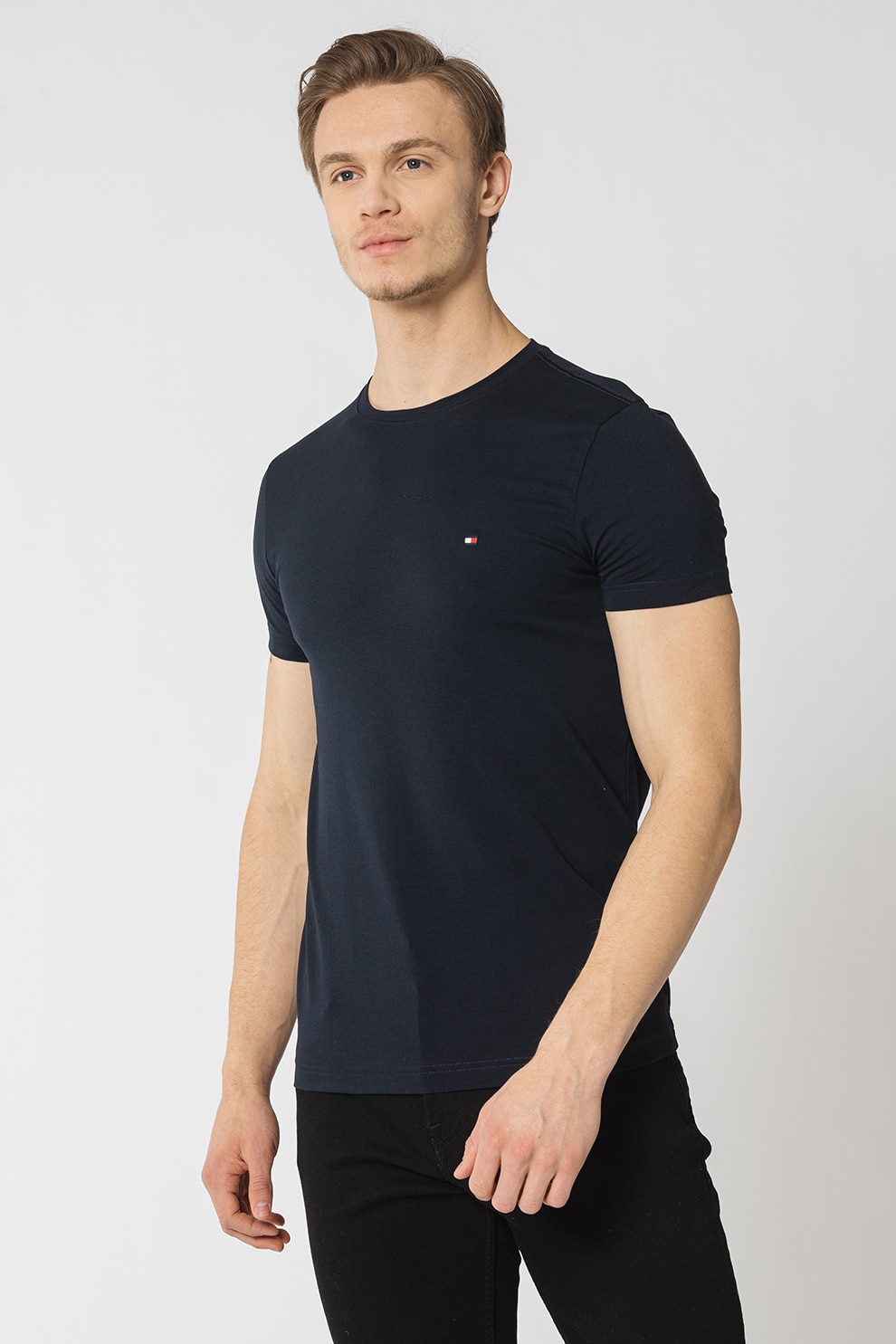 Tommy Hilfiger, Tricou slim fit cu decolteu la baza gatului, Albastru marin, L