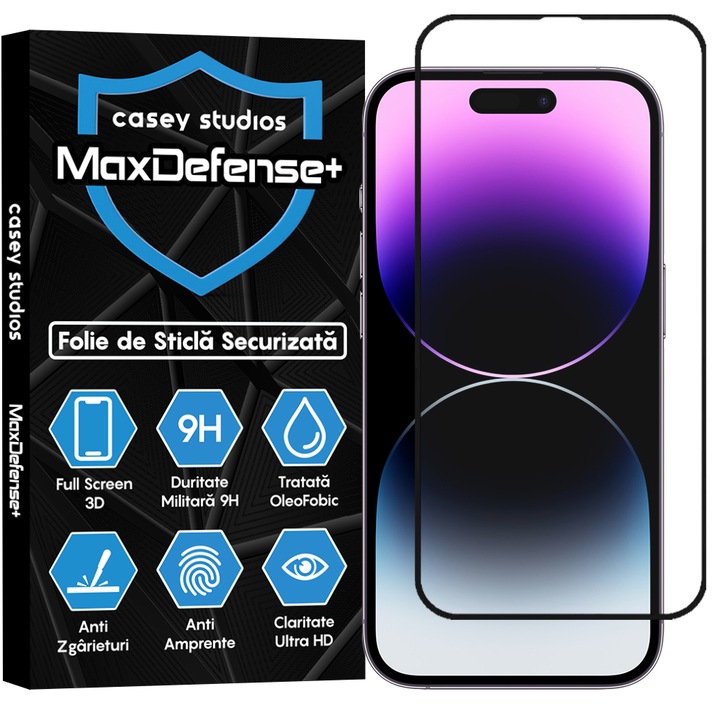 Folie Sticla CASEY STUDIOS™ pentru iPhone 14 Pro, Full Glue, Duritate Militara, Ultra HD, Protectie Profesionala Ecran 3D, Anti Zgarieturi, Anti Amprente, Anti Socuri, Margini Negre