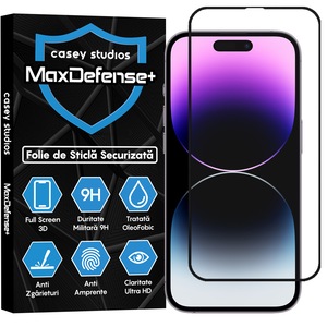 Folie Sticla Securizata CASEY STUDIOS™ compatibila cu iPhone 14 Pro Max, Full Glue, Duritate Militara, Ultra HD, Protectie Profesionala Ecran 3D, Anti Zgarieturi, Anti Socuri, Margini Negre