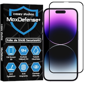 Folie Sticla Securizata CASEY STUDIOS™ compatibila cu iPhone 14 Pro Max, Full Glue, Duritate Militara, Ultra HD, Protectie Profesionala Ecran 3D, Anti Zgarieturi, Anti Socuri, Margini Negre