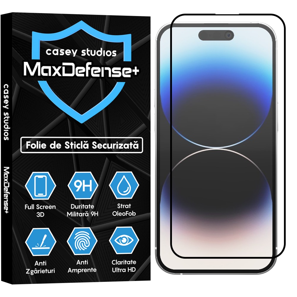Folie Sticla CASEY STUDIOS™ compatibila cu iPhone 14 Pro, Full Cover 3D, Full Glue, Duritate Militara, Ultra HD, Protectie Profesionala Ecran 3D, Anti Zgarieturi, Anti Socuri, Margini Negre