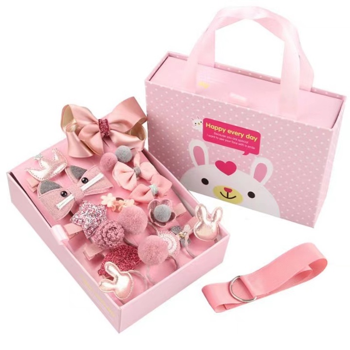 Cutie pentru fetite 18 bucati accesorii pentru par de printesa, Diva4u, Roz