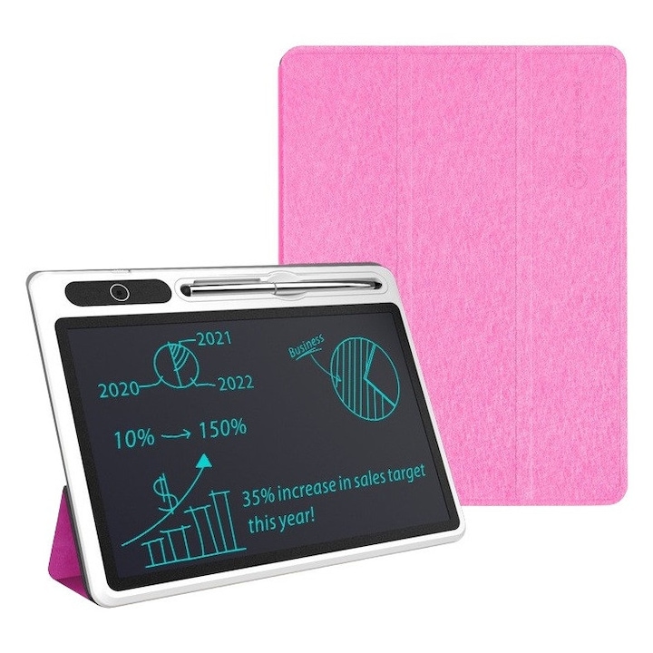 Tableta grafica pentru scris si desenat, display LCD de 10 inch, functie de blocare ecran si stergere, cu husa de protectie, Pentru copii, notite sau birou, Roz