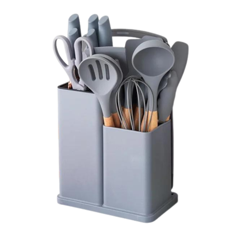 Set cutite otel inoxidabil si ustensile de bucatarie in suport cu tocator, 19 piese, Gri