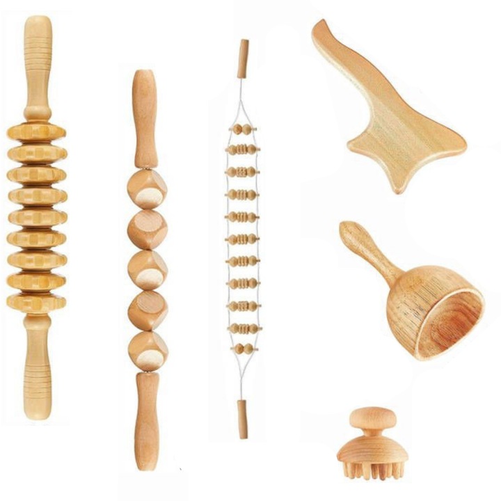 Буков масажен комплект от 6 части за оформяне на тялото, мускулна релаксация, премахване на целулит