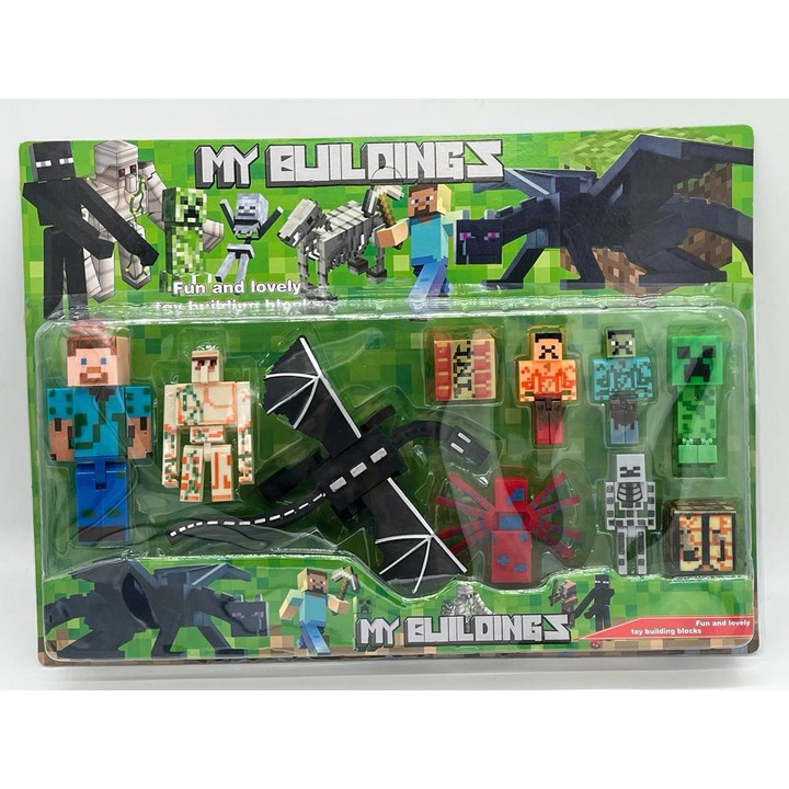 Set 8 figurine si accesorii tip Minecraft, multicolor, 10 cm, 6 ani+